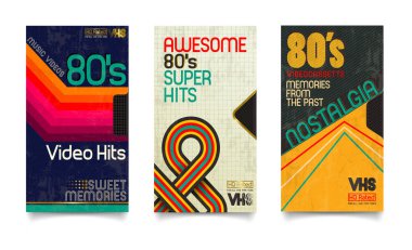 Vektör beta kaset ve kaset kutusu eski grafik ile 80'lerin tarzı. Harika süper video sayısı. VHS etkisi. 80's ve 90 's tarzı. Retro vintage kapak. 80'ler harf renk. Kolay düzenlenebilir tasarım şablonu.