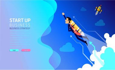 Başlamak yukarıya. Uçan jet pack vektör düz çizim ile kapalı iş adamı. Uçan erkek memur tarafından roket ve yerden almak. İş kavramı kariyer destek, başlamak yukarıya ve büyüme iş