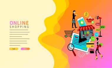 Online alışveriş, web sayfası tasarım şablonu dijital pazarlama. Web sitesi ve mobil web sitesi geliştirme için modern vektör illüstrasyon kavramlar. Akıllı telefon internet salonu döndü.