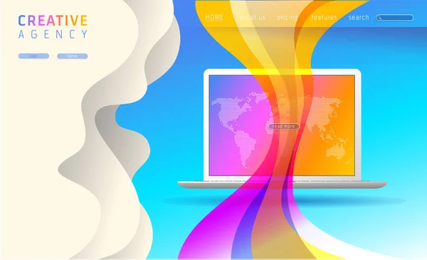 Web サイト デザインのページです 創造的な代理店 ウェブサイトと携帯サイトの設計と開発のベクトル イラスト テンプレートです 創造的なコンセプトは 簡単に編集およびカスタマイズします ラップトップのリアルな描画 — ストックベクタ