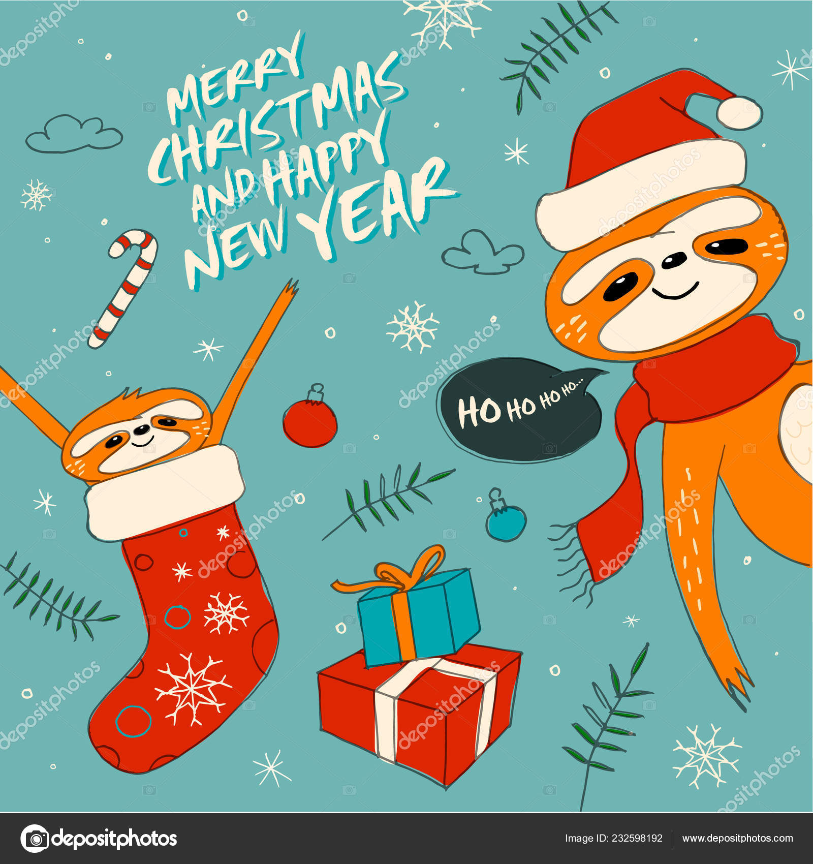 Cute Sloths Sluggard Funny Christmas Hand Draw Illustration