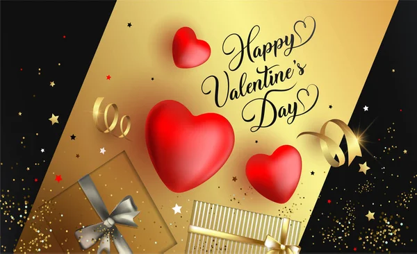 Mutlu sevgililer günü Festival ışıltı düzeni şablon tasarım. Kalpleri ve hediyeler renk arka plan üzerinde. Yazı Sevgililer günü vektör kartı, afiş, poster illüstrasyon. Benim sevgilim kolay düzenlenebilir