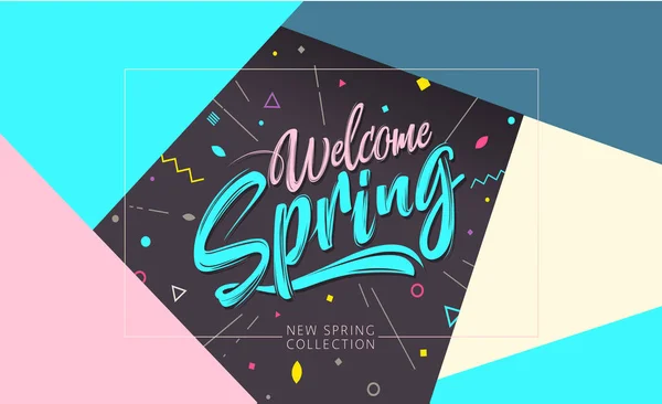 ようこそ春のバナーです トレンディなテクスチャします 休日のロゴをシーズンします 春の時間の壁紙 幸せな春の日 こんにちは春ベクトル レタリング テキスト おしゃれなモダンなカラー スタイル — ストックベクタ