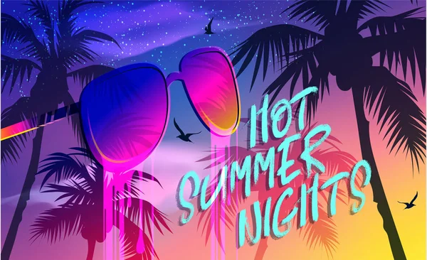 Hot Summer Nights banner. Party. New trendy realistic sky texture. Season vocation, weekend, holiday logo. Summer Time Wallpaper. Happy shiny Day. Vector Lettering. Fashionable styling. Traveling.
