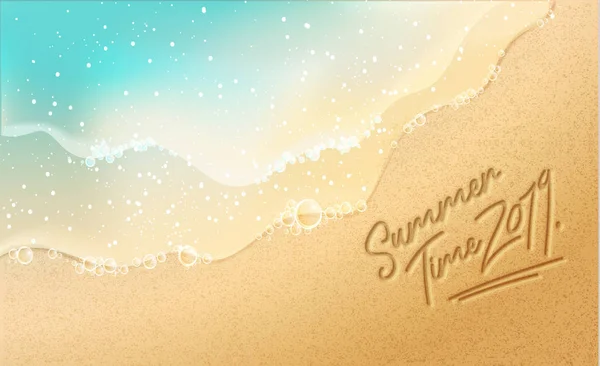 夏季时间横幅 新时尚逼真的沙滩和海洋质感 季节假期 节日标志 夏季时间壁纸 快乐的一天闪亮的一天 矢量刻字 时尚的造型 旅游海报 矢量图形