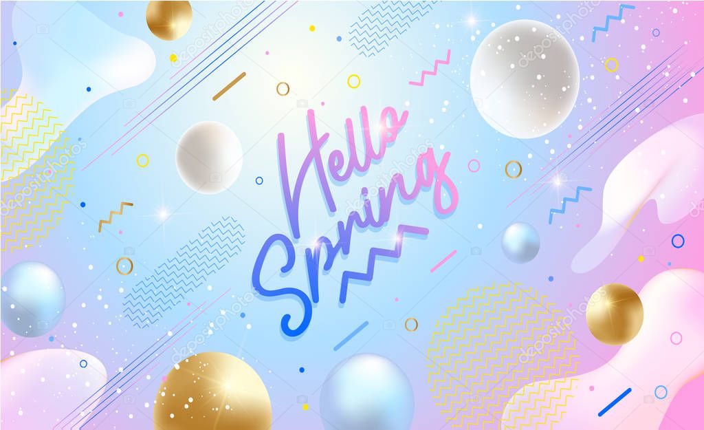 Hello Spring banner. Trendy textured. Season vocation, weekend, holiday logo. Spring Time Wallpaper. Happy spring Day. Hello Spring vector. Lettering text. Fashionable modern color styling template.