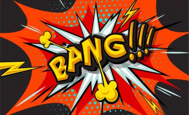 Bang! Pop art bulut kabarcık. Komik konuşma balonu Vay. Son moda renkli retro vintage arka planda pop sanat retro çizgi roman tarzı. Resimde kolay tasarımınız için düzenlenebilir. Patlama komik çizgi film efekti.