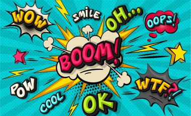 Boom pop sanat bulut kabarcık. Vay canına, pow, güzel, Tamam, oops, wtf komik konuşma balonu gülümse. Son moda renkli retro vintage arka planda pop sanat retro çizgi roman tarzı. Resimde kolay düzenlenebilir tasarımınız için.