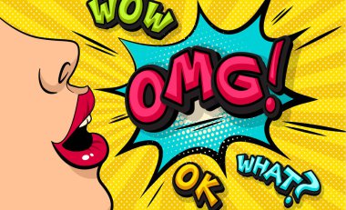 Aman Tanrım! Pop art bulut kabarcık. Vay canına, ne, tamam komik konuşma balonu. Son moda renkli retro vintage arka planda pop sanat retro çizgi roman tarzı. Resimde kolay tasarımınız için düzenlenebilir. Kız illüstrasyon.