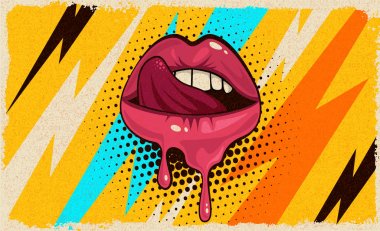 Pembe, kırmızı dudaklar, ağız ve dil simgesi pop sanatının eski moda renkli arka planında. Moda ve moda rengi illüstrasyonunuz poster ve afiş tasarımınız için kolay düzenlenebilir. 