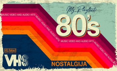 Çalma listem. 80 'lerin Muhteşem Süper Videosu ve Vokalleri. VHS etkisi. 80 'ler ve 90' lar tarzı. Retro vintage kılıfı. 80 'lerin renkli harfleri. Eski tarz kaset, afiş ya da poster. Kolay düzenlenebilir tasarım şablonu. 