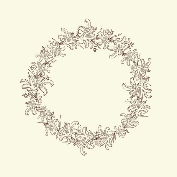 Couronne Vintage Fleurs Stylisées Feuilles Lis Vecteur Décoratif Linéaire Isolé — Image vectorielle