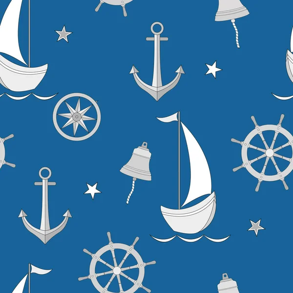 Seamless pattern with sailboat, anchor, steering wheel and lifebuoy. — Stock Vector