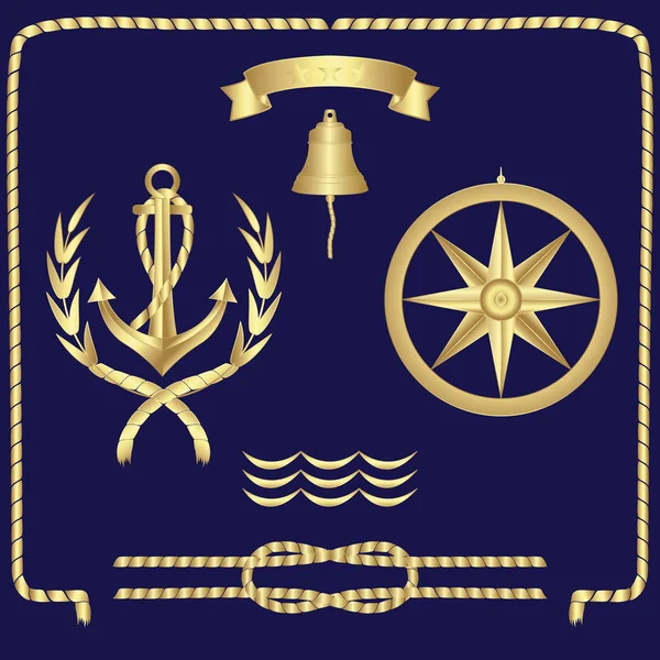 Set of nautical symbols anchor, ropes, compass, waves. — Stock Vector