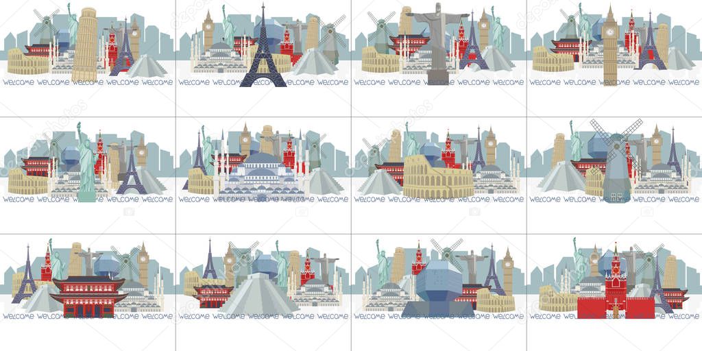 Sample calendar with world architectural landmarks. concept of tourism and travel. Color vector.