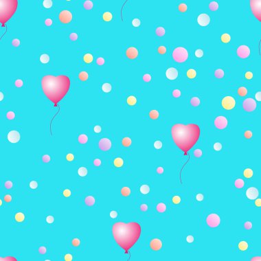 Balonlar konfeti uçan kalpler, şeklinde. Şirin, romantik sorunsuz vektör desen.