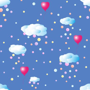 Balonlar kalpler, bulutlar, uçan konfeti şeklinde. Şirin, romantik sorunsuz vektör desen.