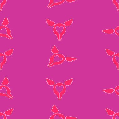 Komik kalpler, ampuller, parlayan uçan İzometrik projeksiyon kanatlar. Sevgililer günü için kesintisiz renk vektör desen.