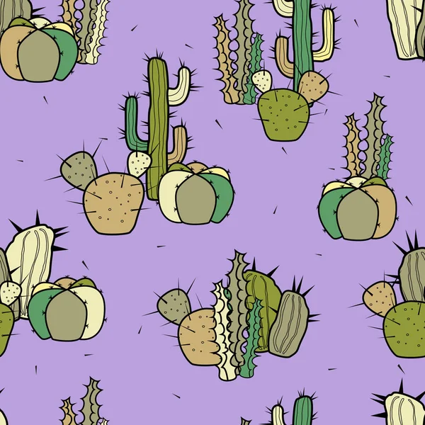 Grupos Diferentes Tipos Cactus Estilizados Decorativos Sobre Fondo Púrpura Patrón — Vector de stock