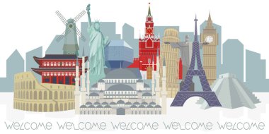 Color vector panorama of world architectural landmarks on the background of the urban landscape. Isolated detailed illustration on white background. Travel concept. clipart