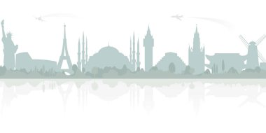 Tek renkli panorama uçaklar ile dünya mimari tarihi yerler, onların yansıması ile. Beyaz arka plan üzerinde ile vektör illüstrasyon izole. Seyahat kavramı.