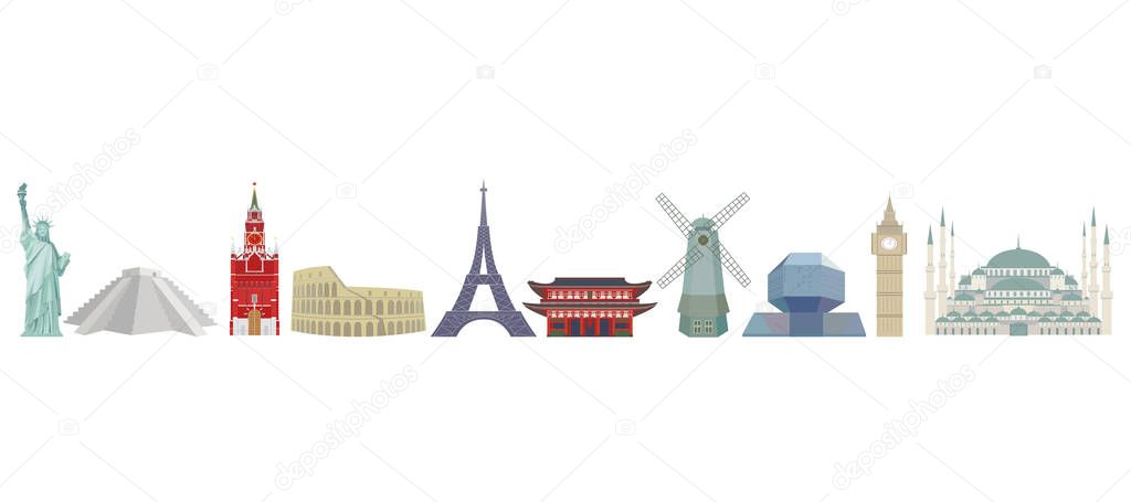 Set of color detailed vector icons of world architectural landmarks. Isolated silhouettes on white background.