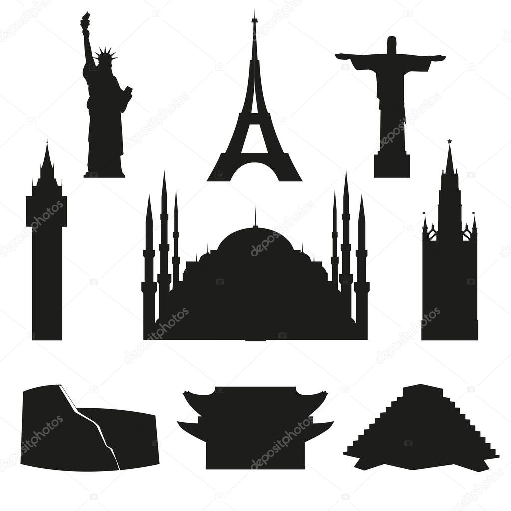 Set of vector icons of world architectural landmarks. Black isolated silhouettes on white background.