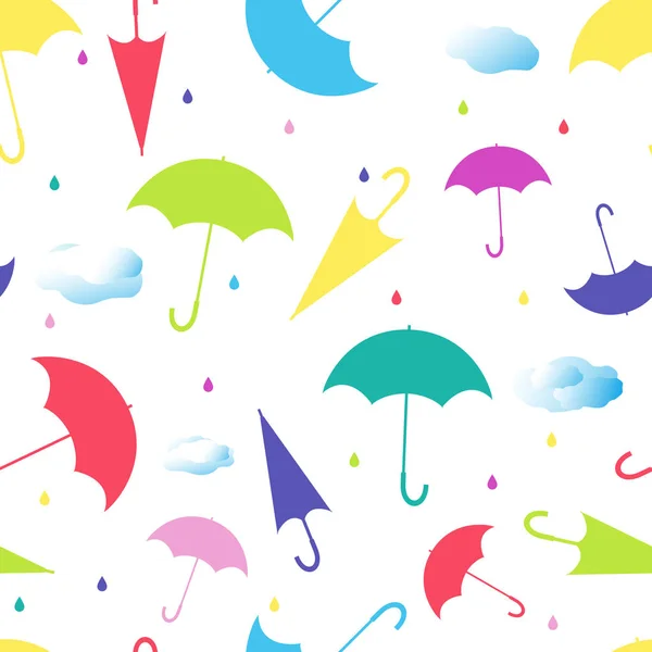 Бесшовный Рисунок Зонтов Разных Положениях Капельками Дождя Облаками Белом Фоне — стоковый вектор