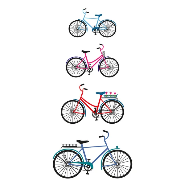 Vector Set Four Colored Bicycles Family Isolated White — Stock Vector