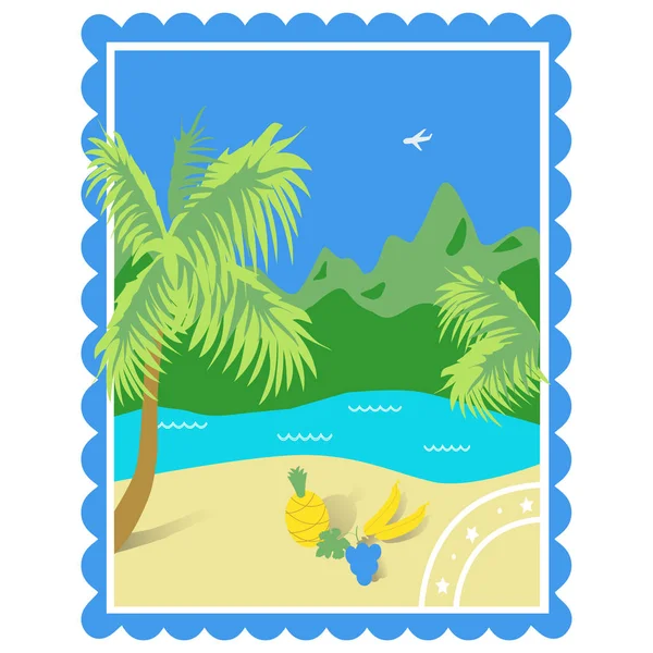 Turismo Trópicos Ilustración Color Con Vistas Mar Playa Los Frutos — Archivo Imágenes Vectoriales