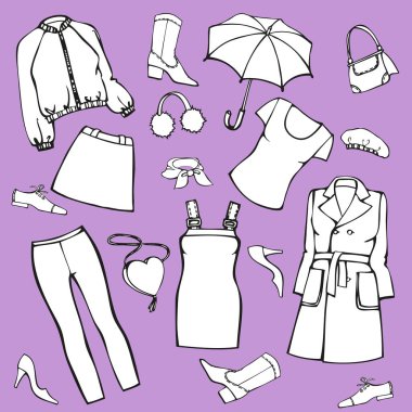 Giyim, Ayakkabı, aksesuar kümesi. İzole vektör çizim tasarım ve boyama için.