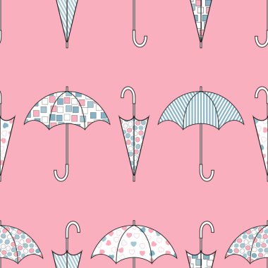 Şemsiye farklı renk desenleri ile. Pembe bir arka plan üzerinde sorunsuz vektör çizim.