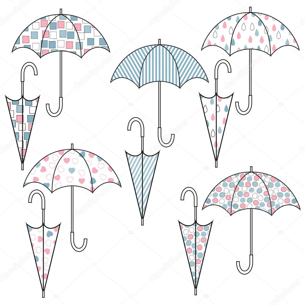 Set of umbrellas with different cute patterns. Vector color illustration. Isolated on white background.