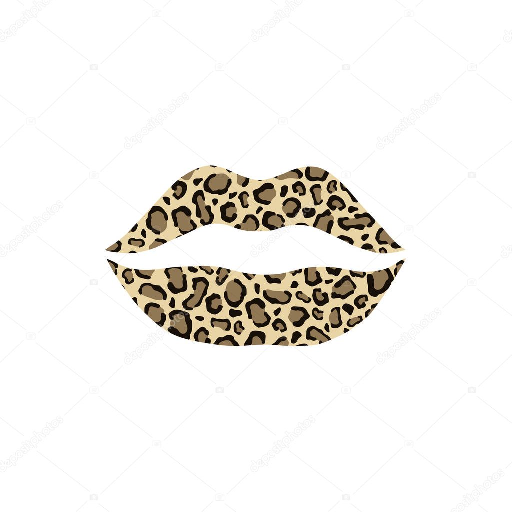 Vector isolated illustration of lips with leopard pattern on white background.
