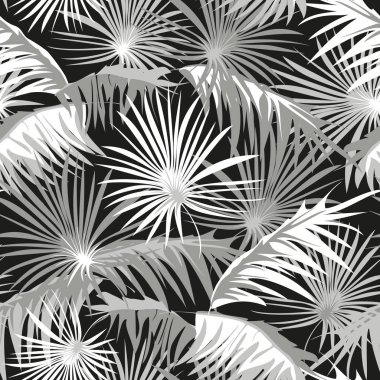 Siyah arka planda Dikişsiz vektör gri ve beyaz palmiye yaprakları.