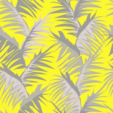 Sarı arka planda tropikal palmiye yaprakları dikey vektör deseni.