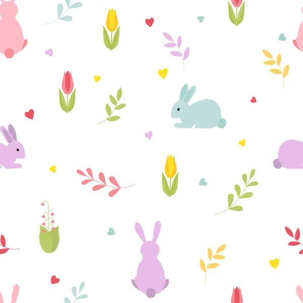 Śliczne Kreskówki Easter Króliki Gałązki Kwiaty Serca Bez Szwu Kolorowy — Wektor stockowy