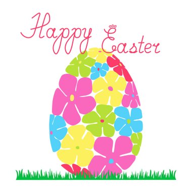 Çim ve bir tebrik metni üzerinde renkli çiçeklerden Paskalya yumurtası . Vektör çizimi.