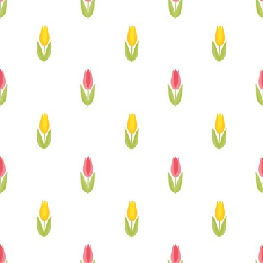 Bahar lalelerinin kusursuz deseni. Beyaz arka planda renkli grafik çizimi.