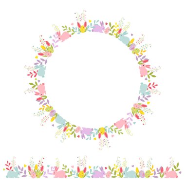 Karikatür bunnies ve dekoratif çelenk ile yatay çiçek süs Paskalya seti. Beyaz arka planda yalıtılmış renk vektörü.