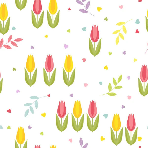 Modèle Floral Sans Couture Avec Des Tulipes Des Cœurs Des — Image vectorielle