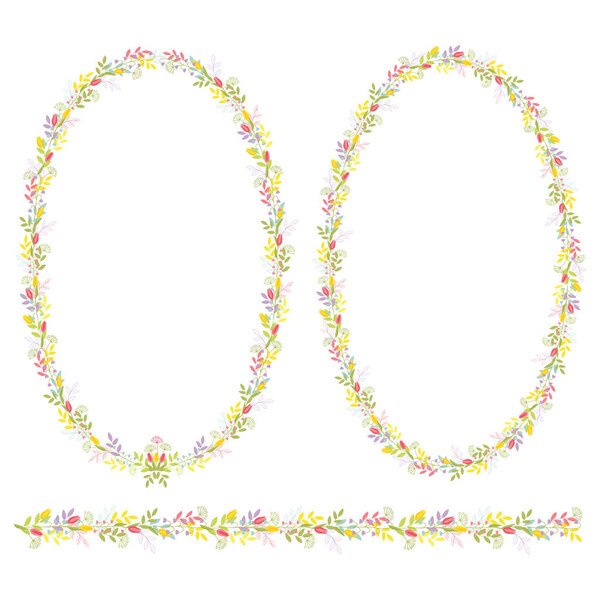 Набор из двух овальных рам и горизонтального орнамента с цветами и ветвями с листьями для праздничного оформления и декора. Изолированный векторный цвет на белом фоне
.