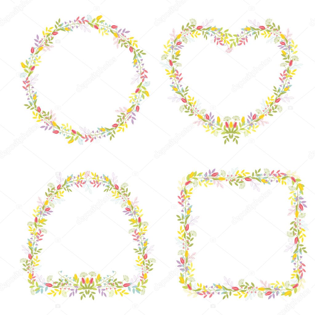 Set of four frames of different shapes with flowers and branches with leaves for festive design and decoration. Isolated vector color on white background.