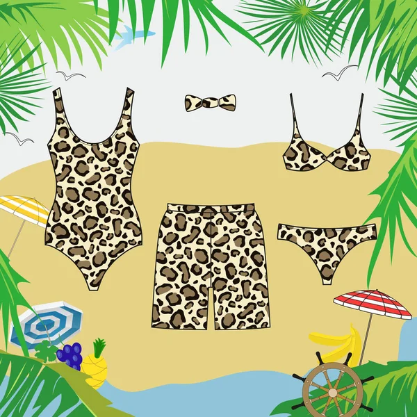 Fürdőruha és úszni rövidnadrág a leopárd mintával. Vektor kép ruhák. — Stock Vector