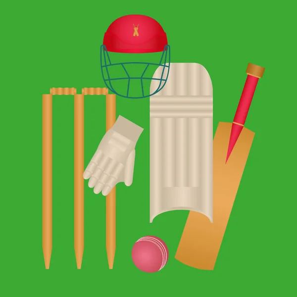 Cricket Icons Set Vector. Accesorios Cricketer. Murciélago, guantes, casco, pelota. Ilustración plana aislada de la historieta — Archivo Imágenes Vectoriales