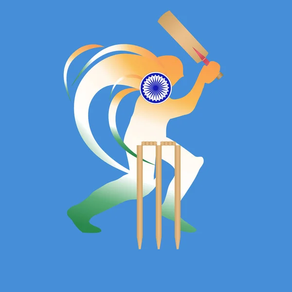 Silhouette stylisée de joueur de cricket aux couleurs du drapeau national de l'Inde avec une chauve-souris et un guichet. Vecteur isolé . — Image vectorielle