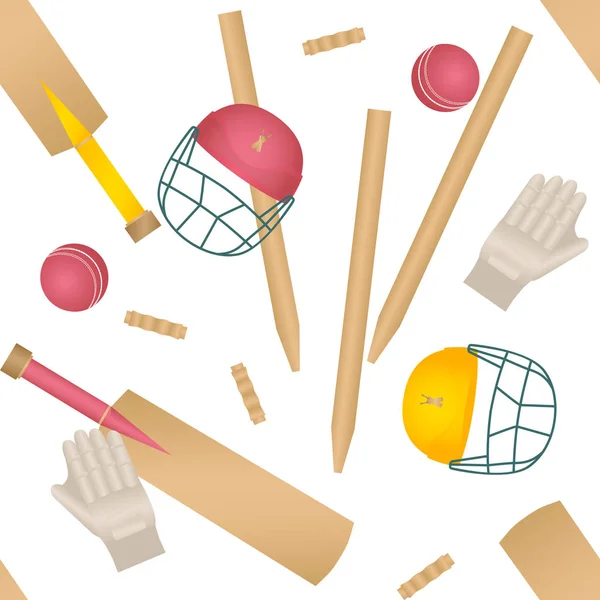 Uniformes y accesorios para cricket. Casco, murciélago, wicket, patrón de vector sin costura bola . — Archivo Imágenes Vectoriales