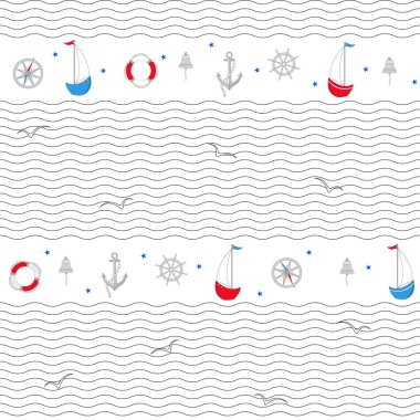 Navigasyon sembolleri, yelkenliler, martılar. Dalgalar ile dikişsiz vektör deseni.