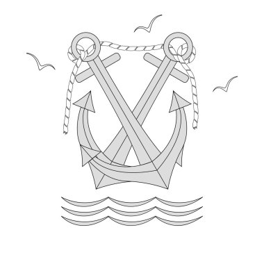  Halat bağlı gemi çapaları, martılar ve dalgalar. Beyaz arka planda yalıtılmış vektör simgesi.