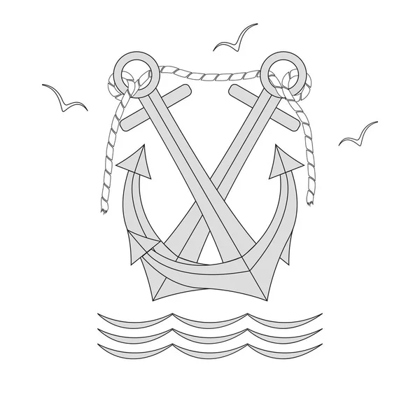 Kötél Kötött Hajó Horgonyok Tengeri Sirályok Hullámok Fehér Háttéren Izolált — Stock Vector